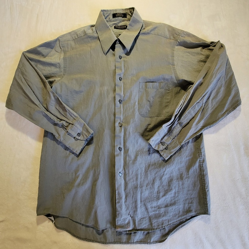 Van Heusen Button Down Mens 16.5 34/35 Gray Microfiber Cotton Nylon Long Sleeve